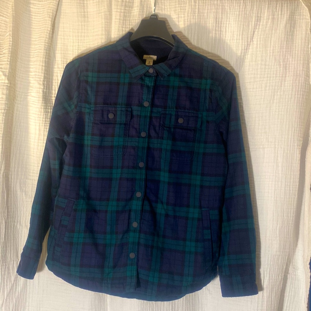 LLBEAN men’s medium snap front green navy black plaid fleece lined shirt